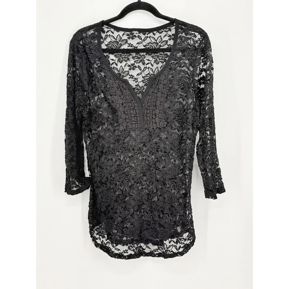 Womens Black Whimsigoth Floral Lace V-Neck Fitted Sheer Top 3/4 Sleeve Grunge